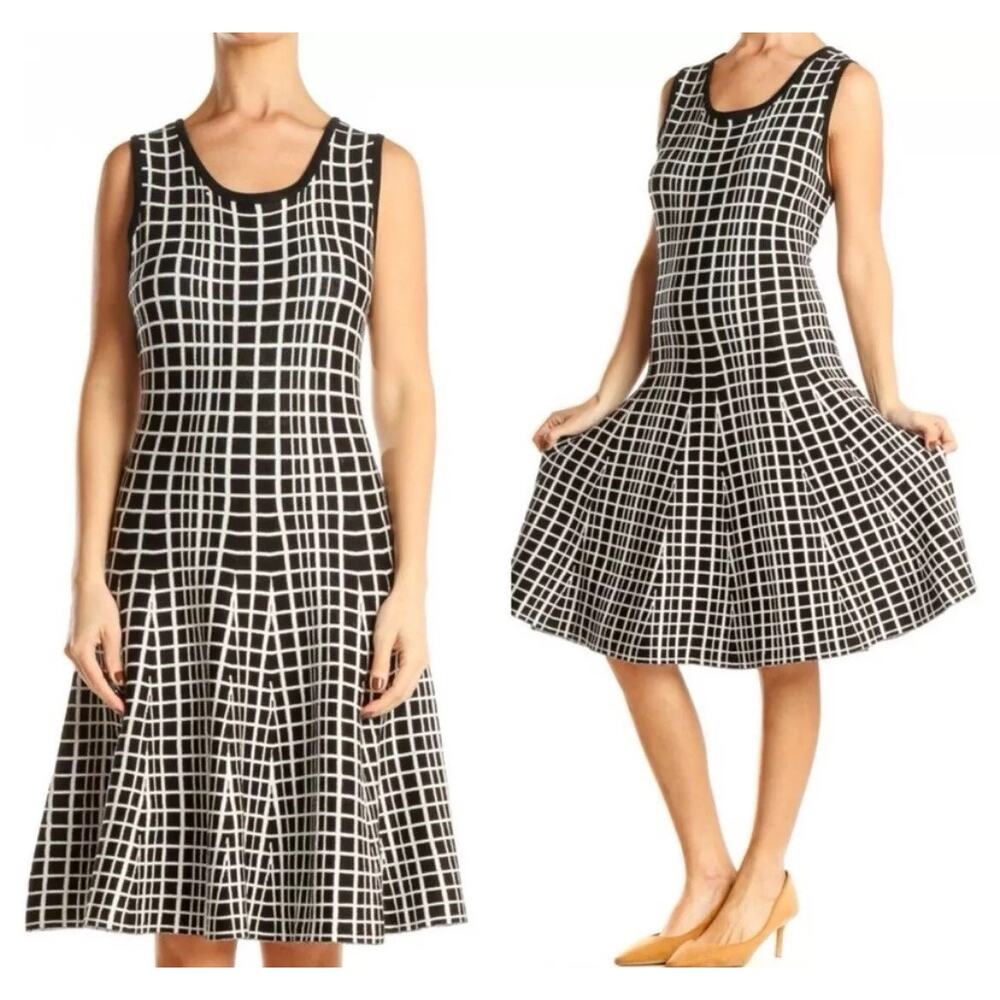 Molly Bracken T2 Black White Windowpane Check Fit & Flare Sweater Knit Dress